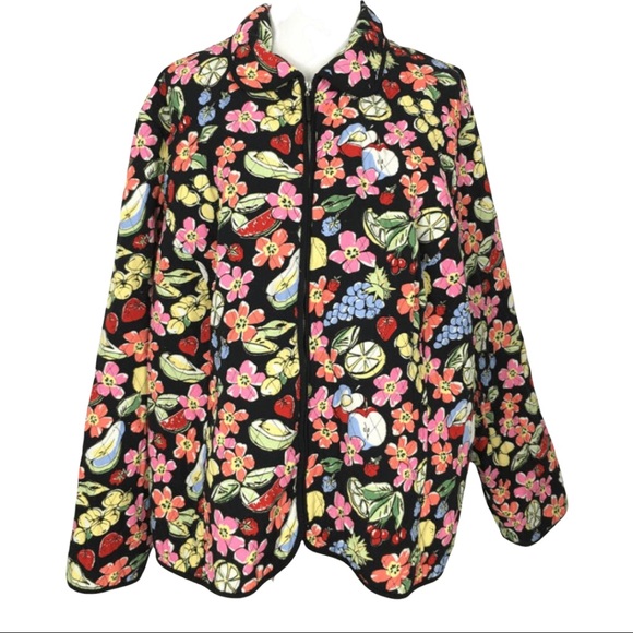 Y2K Funky Flower Fruit Printed Quilted Zip Up Boxy Grunge Picnic Festival Jacket - Picture 5 of 12